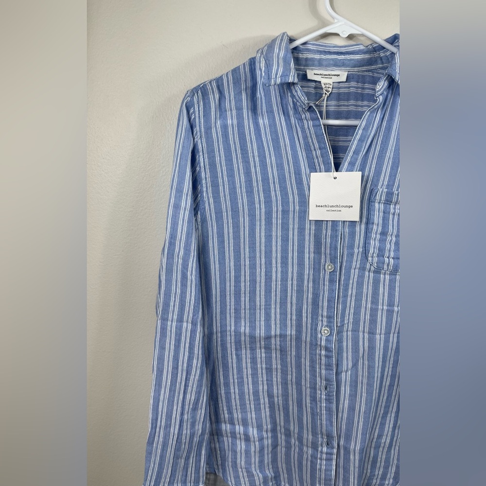 Beach Lunch Lounge Boyfriend Fit Gauze Muslin Blue White Stripes Button UpShirt - Picture 2 of 10